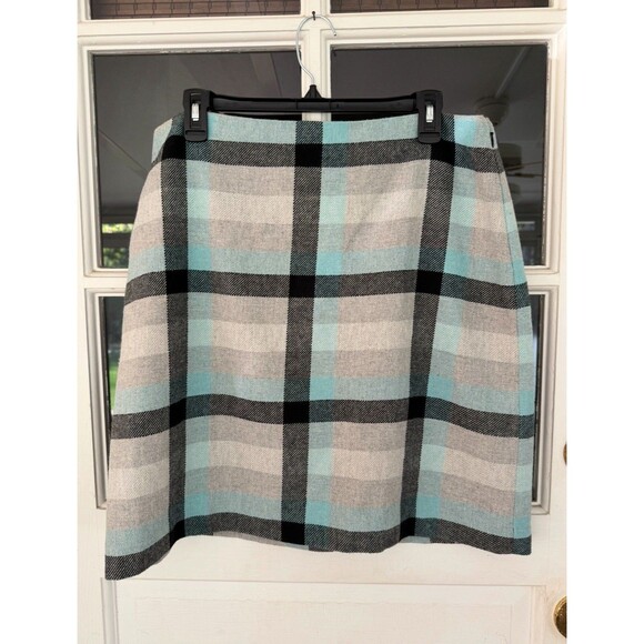 Talbots Wool Blend Skirt Size 14p Aqua Gray Plaid Lined Straight Pencil - Picture 1 of 5